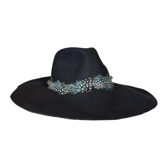 American Eagle Women’s Boho Wide Brim Floppy Hat Black 100% Wool Feather Trim - Picture 5 of 9